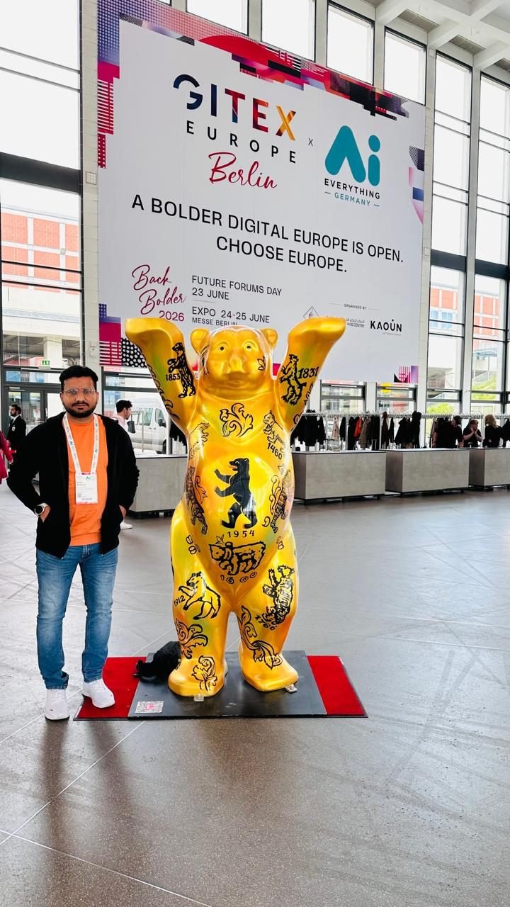 Kashif Ibraheem at Messe Berlin with the iconic Berlin Bear, GITEX Europe 2025 signage